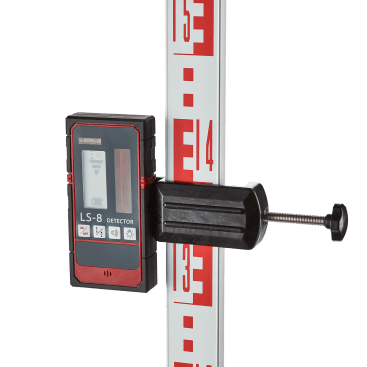 This affordable laser receiver has a dual screen display for front and back beam indication and features an audible buzzer if the display is not clearly visible such as if the detector is high up on a staff.